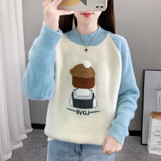 批发女大童雪尼尔撞色<b class='q'>毛衣</b>少女孩秋冬装初高中学生加厚圆领打底针织衫