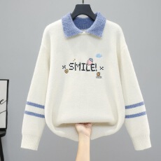 批发初中生polo领拼色水貂绒<b class='q'>毛衣</b>少女针织上衣高中学生内搭大童打底衫