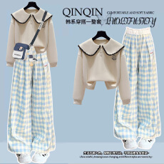 批发女大童设计感娃娃领长袖卫衣<b class='q'>套装</b>初中生小个子洋气减龄格子阔腿裤