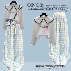 批发女大童设计感娃娃领长袖卫衣<b class='q'>套装</b>初中生小个子洋气减龄格子阔腿裤