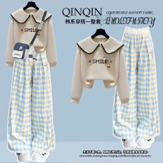 批发女大童设计感娃娃领长袖卫衣<b class='q'>套装</b>初中生小个子洋气减龄格子阔腿裤