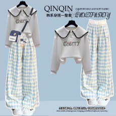 批发女大童设计感娃娃领长袖卫衣<b class='q'>套装</b>初中生小个子洋气减龄格子阔腿裤