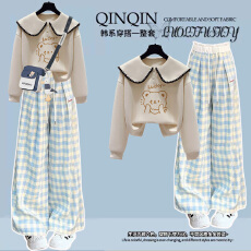 批发女大童设计感娃娃领长袖卫衣<b class='q'>套装</b>初中生小个子洋气减龄格子阔腿裤