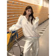 批发美式少年感休闲运动服套装女炸街连帽拼接卫衣卫<b class='q'>裤</b>跑步两件套