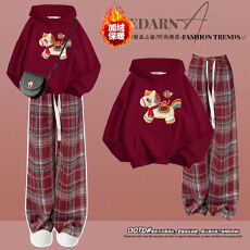 批发女大童本命年马年喜庆过年拜年服加绒加厚红色套装女孩初高中生