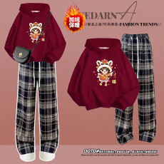 批发女大童本命年马年喜庆过年拜年服加绒加厚红色套装女孩初高中生