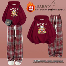 批发女大童本命年马年喜庆过年拜年服加绒加厚红色套装女孩初高中生