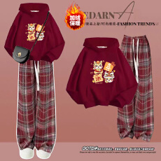 批发女大童本命年马年喜庆过年拜年服加绒加厚红色套装女孩初高中生