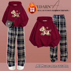 批发女大童本命年马年喜庆过年拜年服加绒加厚红色套装女孩初高中生