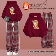 批发女大童本命年马年喜庆过年拜年服加绒加厚红色套装女孩初高中生