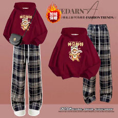 批发女大童本命年马年喜庆过年拜年服加绒加厚红色套装女孩初高中生