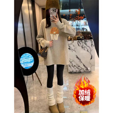 批发德绒复孤绒圆领设计感卫衣女加绒加厚遮肚子<b class='q'>中长款</b>配鲨鱼<b class='q'>裤</b>的上衣