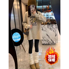 批发德绒复孤绒圆领设计感卫衣女加绒加厚遮肚子<b class='q'>中长款</b>配鲨鱼<b class='q'>裤</b>的上衣