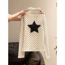 批发【官图 广州罗纹德绒270<b class='q'>克</b>1*1】半高领长袖T恤波点星星毛绒上衣