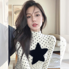 批发【官图 广州罗纹德绒270<b class='q'>克</b>1*1】半高领长袖T恤波点星星毛绒上衣