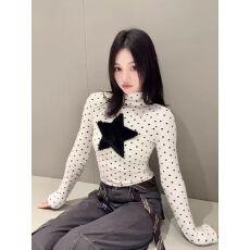 批发【官图 广州罗纹德绒270<b class='q'>克</b>1*1】半高领长袖T恤波点星星毛绒上衣