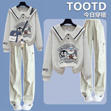 批发毛茸茸卡通刺绣海军领卫衣春秋套装初高中学生减龄搭工装裤两件套