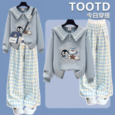 批发少女套装12-18岁初中学生13春秋甜美海军领卫衣蓝白<b class='q'>格子</b><b class='q'>裤</b>两件套