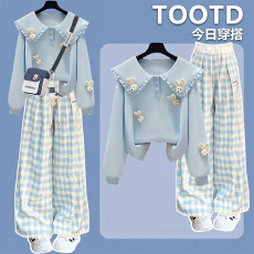 批发初中学生春秋套<b class='q'>装</b>女2026新款少女学院风甜美卫衣蕾丝格子<b class='q'>裤</b>两件套