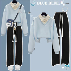 批发校园风春秋时尚穿搭<b class='q'>套装</b><b class='q'>女</b>学生假两件polo领<b class='q'>卫衣</b>休闲阔腿裤<b class='q'>两件</b>套