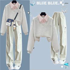 批发少<b class='q'>女</b>时髦<b class='q'>套装</b>春秋12岁大童14初高中学生15假两件<b class='q'>卫衣</b>工装裤两件套