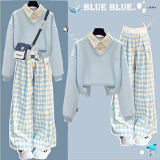 批发高中生小清新<b class='q'>套装</b>春季新款洋气少<b class='q'>女</b>Polo领<b class='q'>卫衣</b>初中学生春秋两件套