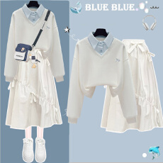 批发盐甜系穿搭文艺连衣<b class='q'>裙</b>套装女春秋新款a字中长<b class='q'>裙</b>+<b class='q'>假两件</b>卫衣两件套