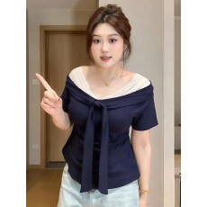 批发【人棉260克】法式v领蕾丝拼接蝴蝶结绑带短袖T恤设计感正肩<b class='q'>上衣</b>
