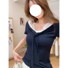 批发【人棉260克】法式v领蕾丝拼接蝴蝶结绑带短袖T恤设计感正肩<b class='q'>上衣</b>