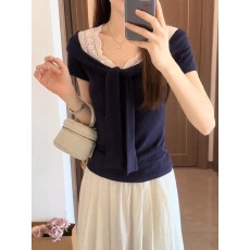 批发【人棉260克】法式v领蕾丝拼接蝴蝶结绑带短袖T恤设计感正肩<b class='q'>上衣</b>
