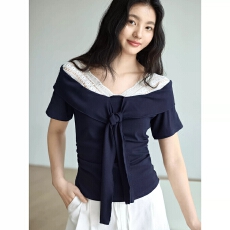 批发【人棉260克】韩系深蓝色蕾丝拼接假两件v领女纯欲t恤设计感<b class='q'>上衣</b>