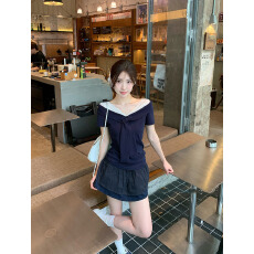 批发【人棉260克 假两件蕾丝拼接v领正肩短袖t恤显瘦chic韩系短款<b class='q'>上衣</b>