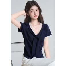 批发【人棉260克 假两件蕾丝拼接v领正肩短袖t恤显瘦chic韩系短款<b class='q'>上衣</b>