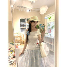 批发韩系甜辣风休闲运动套装女显瘦一字肩条纹短袖+花朵半身裙两件套