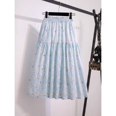 小清新碎花蓝色半身裙女松紧腰刺绣设计高腰中长款a字蛋糕裙子