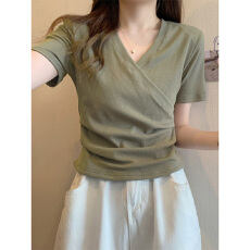 批发【40支纯棉】正肩短袖t恤设计感胖mm显瘦别致独特<b class='q'>v领</b>交叉短款上衣