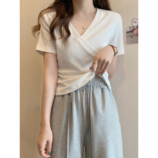 批发【40支纯棉】正肩短袖t恤设计感胖mm显瘦别致独特<b class='q'>v领</b>交叉短款上衣