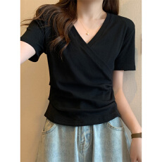 批发【40支纯棉】正肩短袖t恤设计感胖mm显瘦别致独特<b class='q'>v领</b>交叉短款上衣