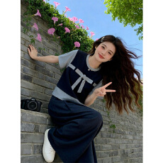 批发【原版料】假两件休闲运动<b class='q'>套装</b>韩系少女宽松蝴蝶结短袖阔腿裤两件
