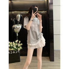 批发韩系休闲<b class='q'>运动服</b>套装女蕾丝拼接刺绣蝴蝶结上衣短袖短裙两件套潮