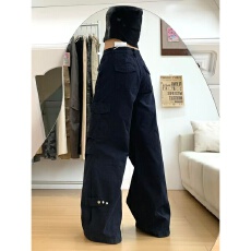 批发【广州新塘牛仔】美式复古宝蓝色工装阔腿牛仔裤女秋季高腰直筒裤