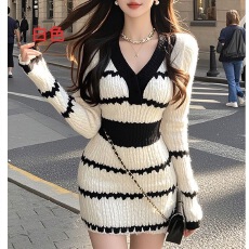 批发实价法式名媛风黑白<b class='q'>撞色</b>V领长袖<b class='q'>连衣裙</b>女秋冬显瘦富家千金感短裙