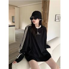 批发条纹卫衣女早秋2025新款oversize长袖情侣装复古上衣潮