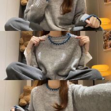 慵懒风宽松圆领套头针织毛衣2025秋冬新款韩系宽松打底针织衫上衣