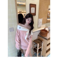 批发一字肩粉色针织<b class='q'>连衣裙</b>女秋冬绝美<b class='q'>蝴蝶结</b>系带长袖毛衣宽松软糯上衣