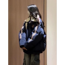 批发撞色潮牌字母刺绣条纹棉服女冬季新款复古宽松学生<b class='q'>外套</b>面包服