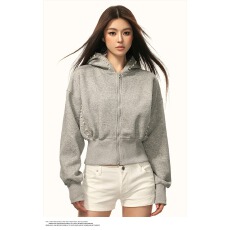 批发华棉复合350克原版钉珠钉珍珠短款连帽外套女修身黑色夹克