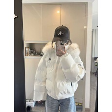 批发新款白色毛领连帽棉服女冬季宽松加厚<b class='q'>外套</b>面包服加厚棉服