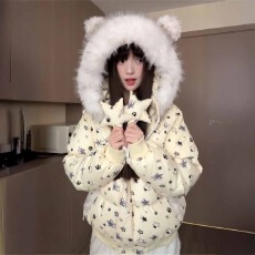 批发新款白色毛领连帽棉服女冬季宽松加厚<b class='q'>外套</b>面包服加厚棉服