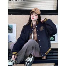 批发美式百搭夹棉棒球服<b class='q'>外套</b>女2025秋冬新款休闲拼色宽松加厚夹克上衣